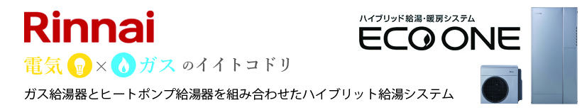 Rinnai(リンナイ)戸建て向けハイブリッド給湯・暖房システムエコワン。電気×ガス。時間帯や用途に合わせて電気のヒートポンプとガスのエコジョーズを最適に使い分けます。