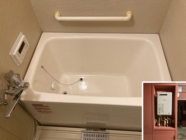 大阪府堺市東区にて給湯器と浴槽設置 16号高温差し湯RUJ-A1610W(A)と1100ｍｍ浴槽